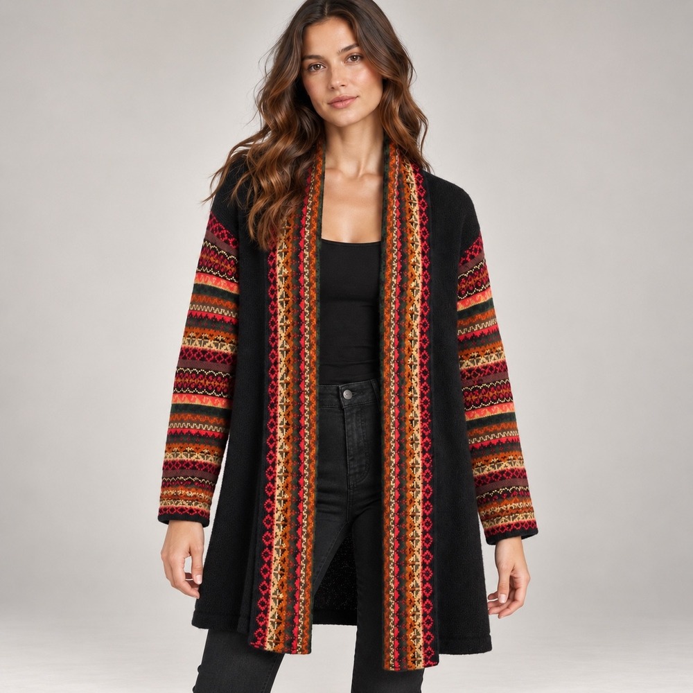 Peruvian Longline Cardigan M/L Black Alpaca Blend Fair Isle Boho Ethnic Sweater